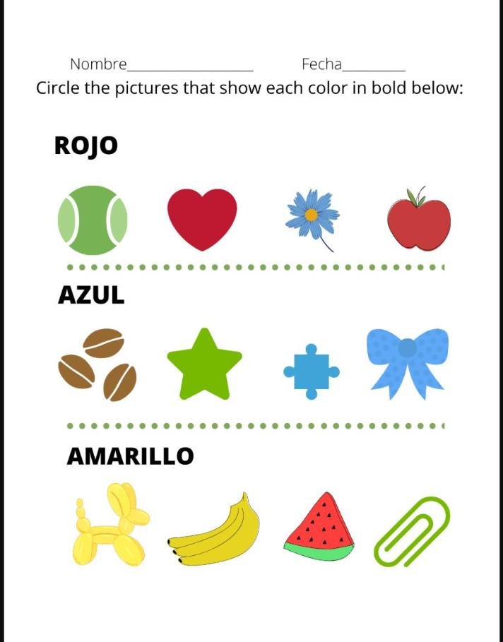 Los Colores 1 worksheet: circle the pictures in the color named, in Spanish